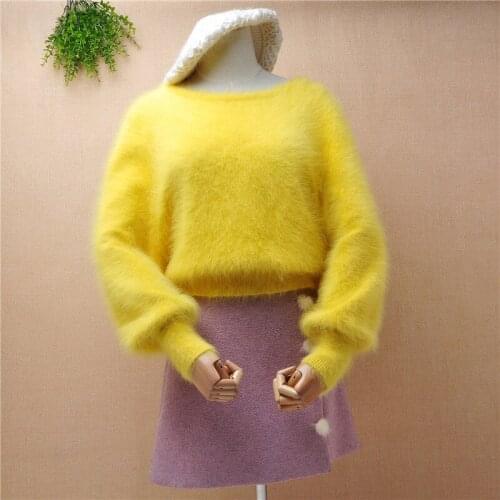 Elegant fashion female women hairy real mink cashmere o-neck long batwing sleeve loose pullover angora rabbit fur jumper sweater