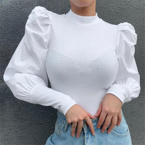 Long Puff Sleeve Pullover Womens Rib Knit Tops Solid Color Round Neck Casual Tee Shirt Spring Autumn Ladies Skinny Tee Top