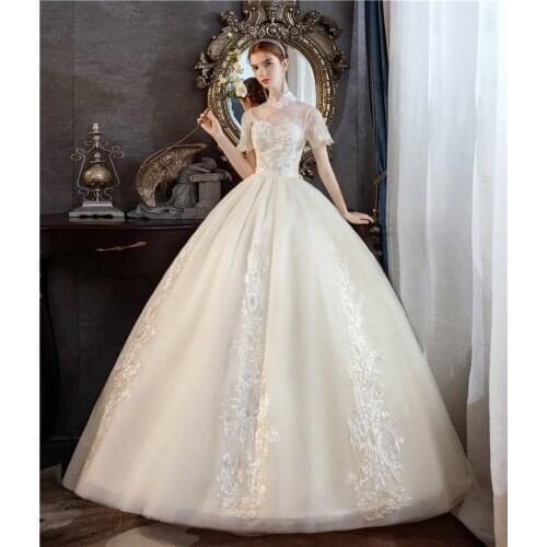 New Fashion Elegant Sweet High Neck Wedding Dress 2021 Vestidos De Novia Luxury Lace Appliques Gown Plus Size Champagne G77