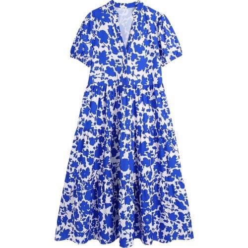 New Summer Floral Blue Dress Women V-neck Short Puff Sleeves Vintage Maxi Shirt Dress Women Robe