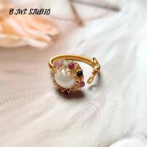 2021 Vintage Lady Pearl Ring Fairy Friend Colorful Stone Metal 14K Gold Filling Finger Ring Girl Party Jewelry