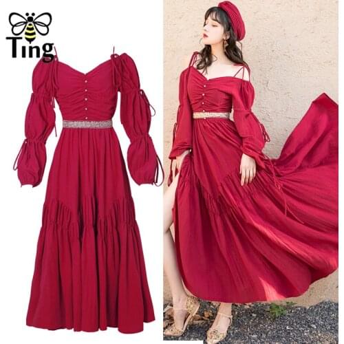 Tingfly Bohemian Chic Luxury Hot Red Long Dress Vintage Vogue Cold the Shoulder Boho Dress Vestidos Retro Elbise Dollskill Robe