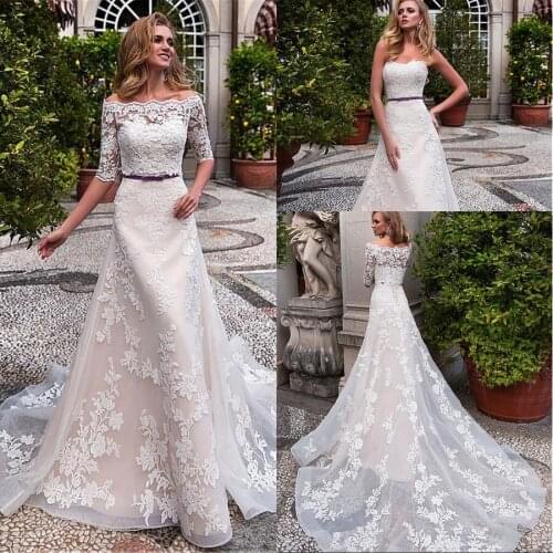 2021 Marvelous Off-the-shoulder Neckline A-line Wedding Dress Lace Appliques vestido noiva Bridal Gown With Detachable Jacket