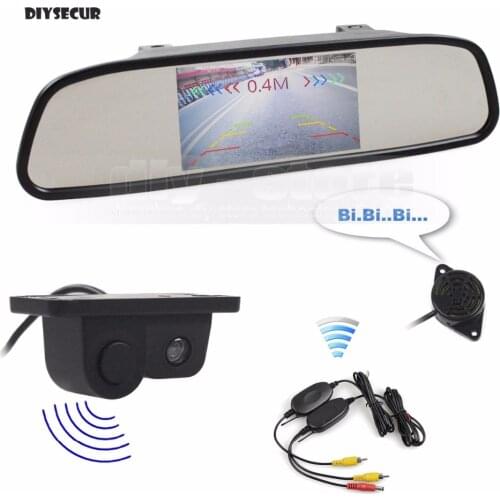 DIYSECUR Wireless Auto Parking System Waterproof Parking Radar Sensor Car Camera + 4.3 inch Car Mirror Monitor Rear View Monitor