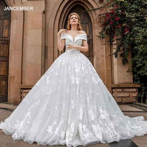 J66599 jancember ball gown wedding dress with train off the shoulder lace up back bridal dress gown vestido de novia de encaje