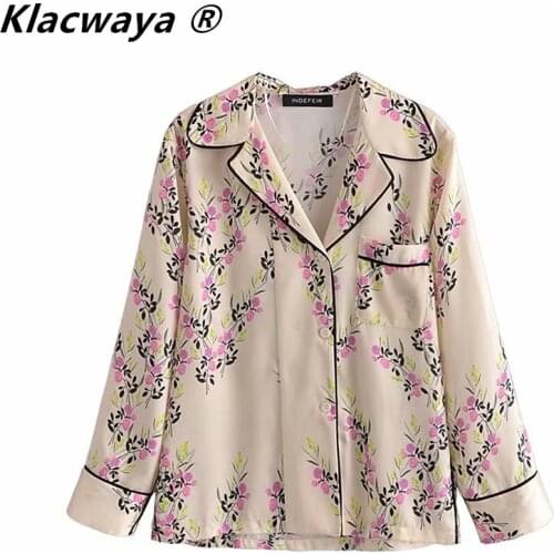 Klacwaya Women 2021 Vintage Ribbon Edge Floral Print Smock Blouse Elegant Female Chic Pocket Leisure Kimono Shirts Blusas Tops