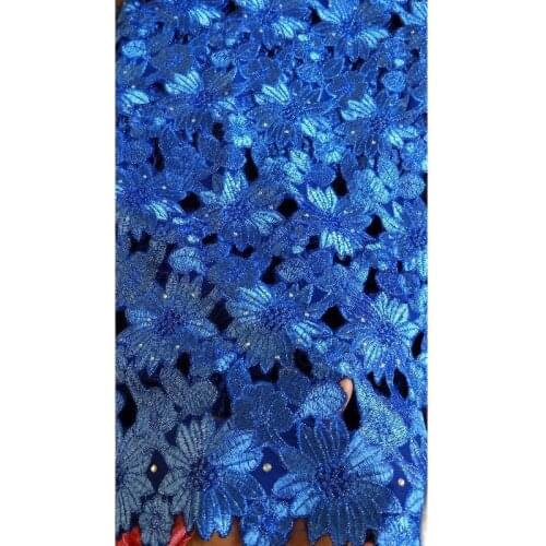 Royal blue high quality handcut African lace fabric wedding laces with stones 5 Yards embroidered cotton swiss voile lace-N88169