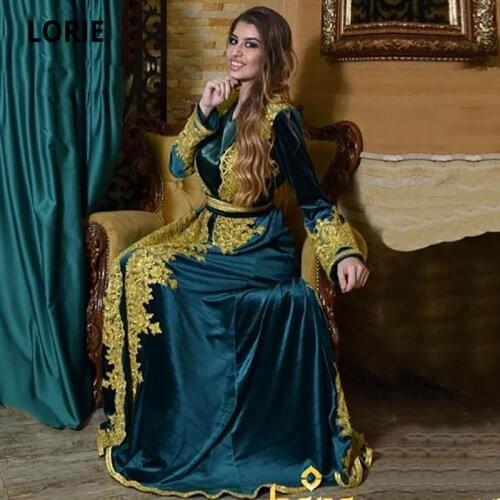 LORIE Moroccan Kaftan Evening Dresses V-Neck Appliques Gold Long Sleeves Vintage A-Line Arabic Prom Dress Muslim Party Gown 2021