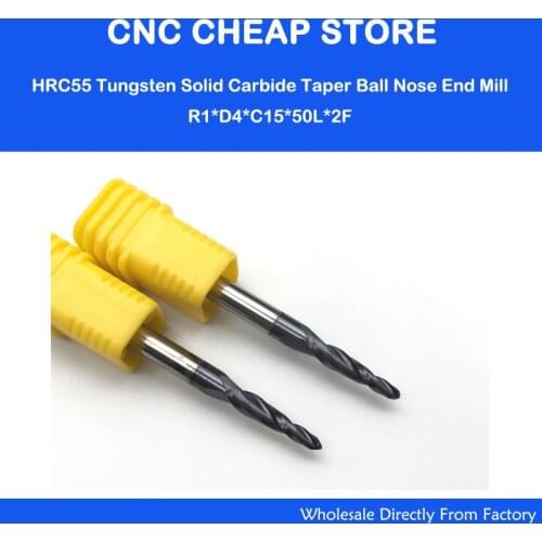New HRC55 R1.0*D4*15*50L*2F NANO Coated Taper Ball Nose End Mills tapered and cone CNC Milling Cutter endmills Bits