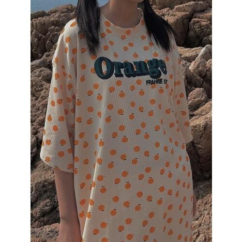 Orange letter printed t-shirt mens summer Korean fashion casual drop shoulder short sleeve retro chic top tees