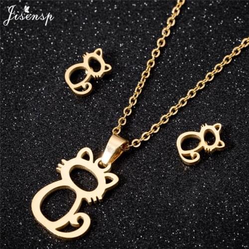 Stainless Steel Cat Pendant Necklace Gold Origami Animal Necklaces for Women Lovely Earrings Simple Jewelry Sets Friend Gifts