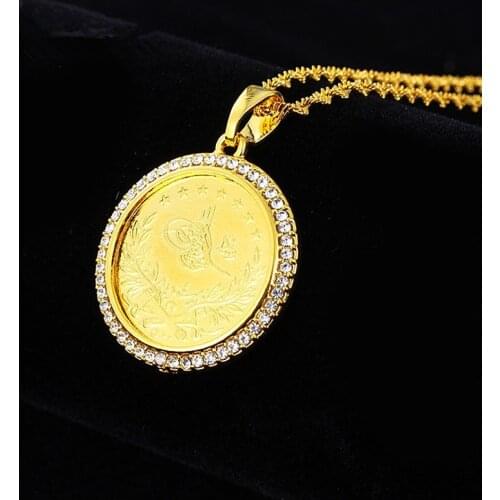 Classic Turkey Ottoman Shiny Zircon Surround Round Pendant Necklace High Quality Metal Flower Bird Carving Mens Casual Jewelry