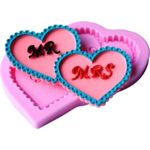 A Pair Of Hearts MR And MRS Shape 3D Silicone Fondant Mold Cake Chocolate Mould Tools For Christmas Cake Decorating D462