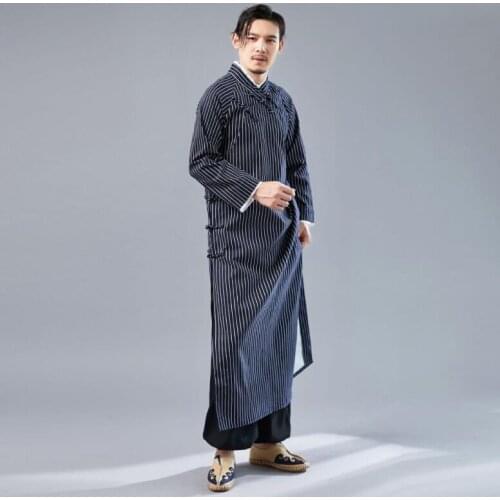 Striped thin vintage Japanese simple long robe Mens comfortable soft cotton linen cross collar comic dialogue stage costume