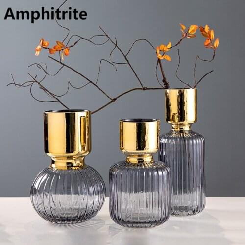 Nordic Light Golden Luxury Glass Vase Transparent Home Decoration Accessories Modern Craft Vase House Gentle Decoration Flower