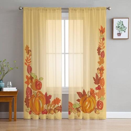 Autumn Pumpkin Yellow Leaves Tulle Curtain For Living Room Bedroom Modern Sheer Curtains Decorative Window Treatment