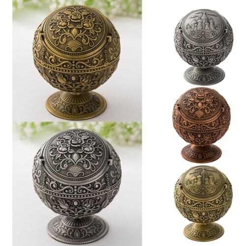 Vintage Portable Metal Globe Shape Hand Stamped Rose Castle Ashtray with Lid Ashtrays