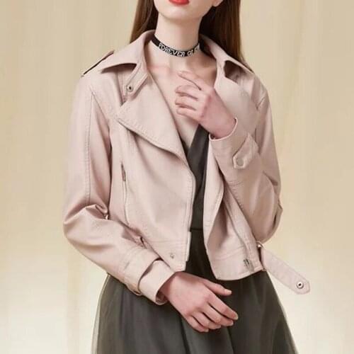 New Spring Autumn Chic Short Pu Leather Motorcycle Jacket Womens Fashion Slim Black Rivet Zipper Waist Band Faux Coat Outwear