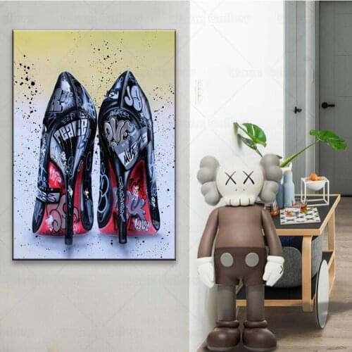 Women Black High Heels Shoes Graffiti Art Canvas Painting on The Wall Graffiti Posters Prints Wall Picture for Living Room Decor