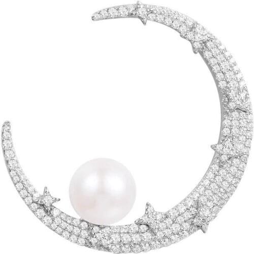 SLJELY 1 Pair Fine Design 925 Sterling Silver Star Moon Earrings with Pearl Micro Cubic Zirconia Women CZ Luxury Brand Jewelry