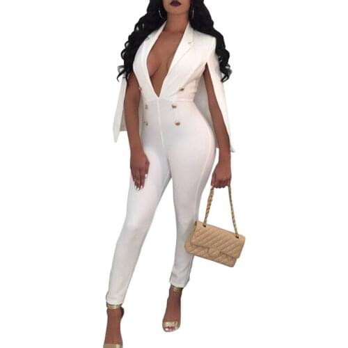 Women Sexy Elegant Formal Jumpsuit Autumn Winter Deep V Neck Cloak Cape Bodysuit Romper Button Long Pants One Piece Overalls XXL
