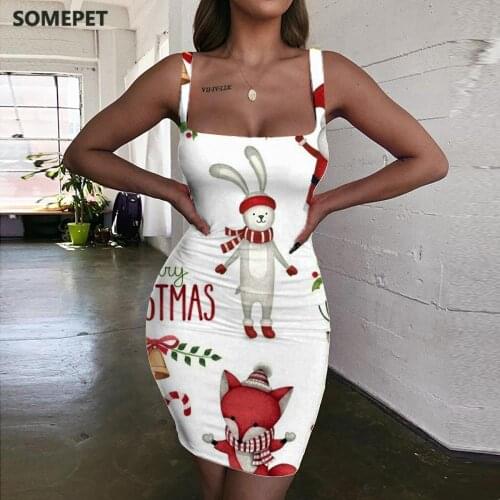 SOMEPET Santa Claus Dress Women Christmas Halter Sleeveless Animal 3d Print Party Bodycon Dress Womens Clothing Plus Size Short