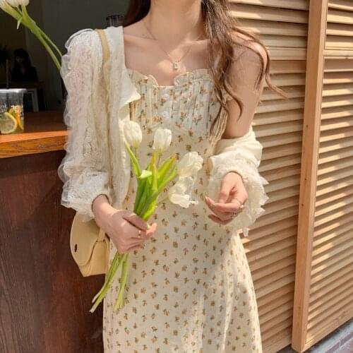 Womens Vintage Silk Floral Print Drawstring Strap Sexy Long Suspender Dress Korean style dress for women