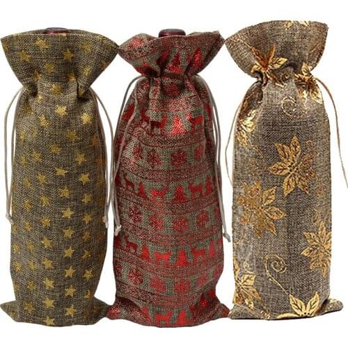 10pcs/lot 15x37cm Burlap Jute Linen Drawstring Bags Resuable Wine Bottle Covers Storage Bag Christmas Decoration Gift Wrap Pouch