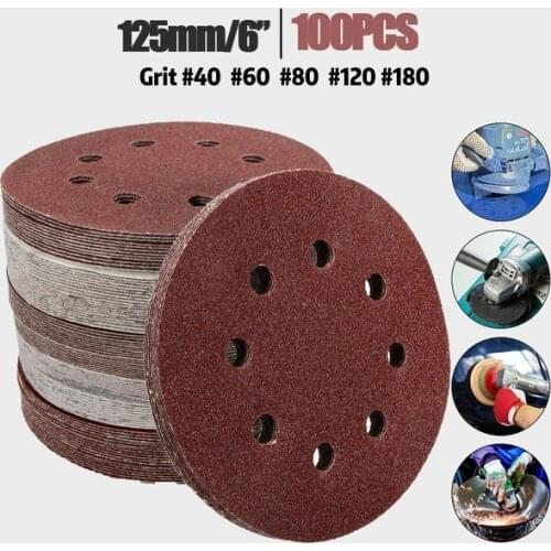 100pcs 5 Inch 125mm Round Sandpaper Eight Hole Sander Discs Hook Loop Sanding Paper Polishing Pad 40-180 Grit Abrasives Tools
