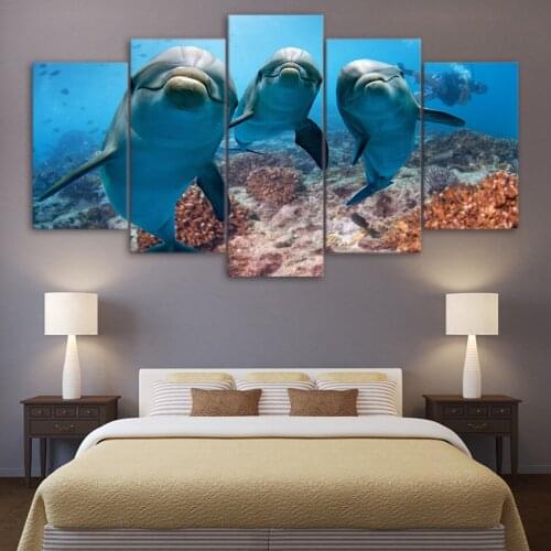 5 Piece painting HD Printed Deep Ocean Swimming Dolphin Paintings for Living Room Wall Posters and Prints Free Shipping