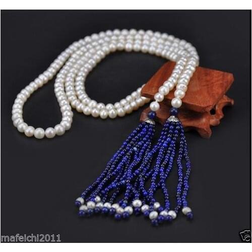 AAA Akoya 8-9MM White PEARL NECKLACE WIHT Lapis Lazuli LONG NECKLACE