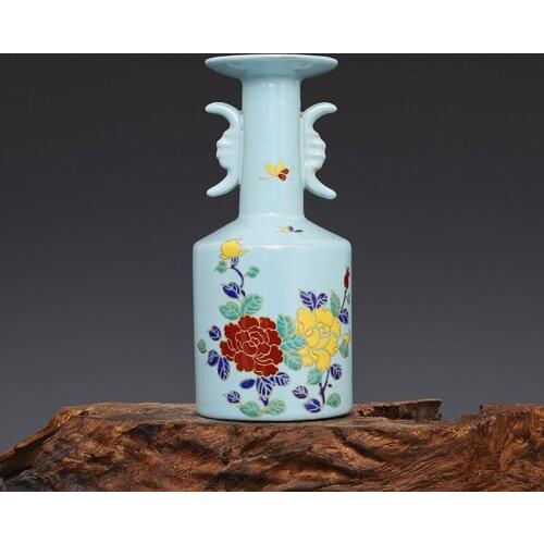 Boutique Song Ru Ware Sky Blue Glaze Colorful Binaural Plate Bottle Antique Porcelain Antique Antique Porcelain Old Goods