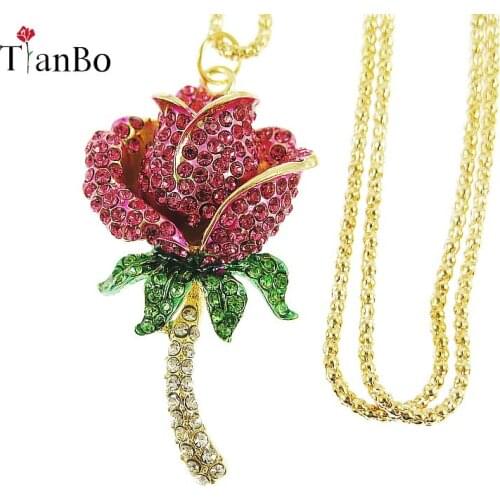 TianBo Vintage Full Pink Crystals Enamel Rose Flower Pendants Necklaces Gold Color Long Sweater chain Women Sweater Jewelry