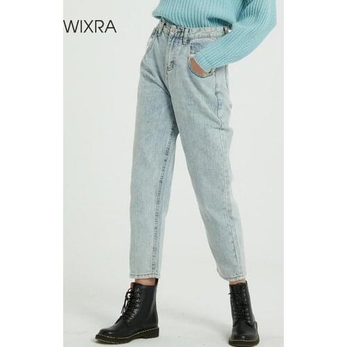 Wixra New Solid BF Casual Womens Denim Jeans Pants High Waist Pockets Trousers Spring Autumn Ladies Jeans