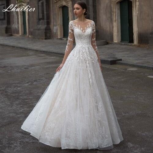 Lhuilier Elegant A-line Floor Length Lace Wedding Dresses 2020 Sweep Train Lace Appliques Three Quarter Sleeves Bridal Dress