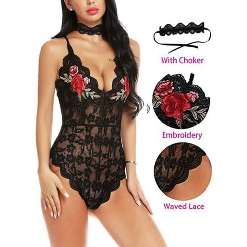 Womens Clothing Onesies for Adults with Choker Sexy See Though Sleepwear Womens Clothing Nightwear Embroidery Porno Backless