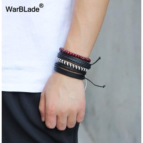 WarBLade DIY 4pcs/Set Leather Braided Bracelet Vintage Men Charm Wood Beads Bracelets Bangle Punk Wrap Wristband For Male Women