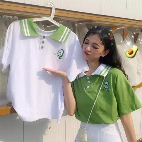 Cute Summer Cute Green Polo Shirt Harajuku Japan Fruit Embroidery T Shirt Hip Hop Punk Loose Student Shirt Funny Tops Girl