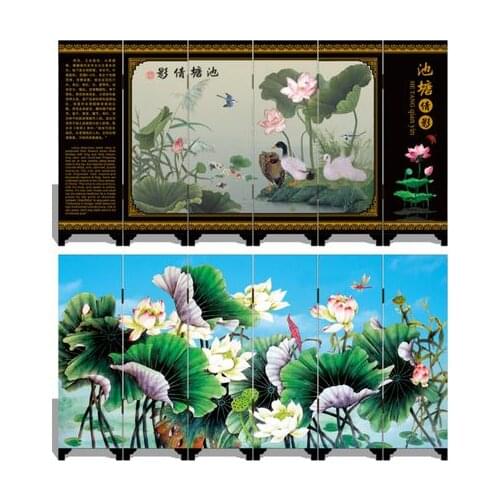MINI Folding Screens 6 Joined Panels Decorative Painting Wood Byobu Alias Water Lotus Surplus Year After Year Water-lilies Fish