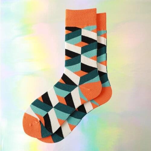 Men Socks Korean Harajuku Funny Spelling Color Diamond Lattice Stripe Happy Street Hip Hop Vintage Female Soft Cotton Hosiery