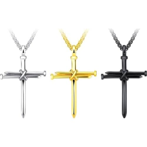 Men Jewelry Stainless Steel Nail Rope Cross Pendant Necklace