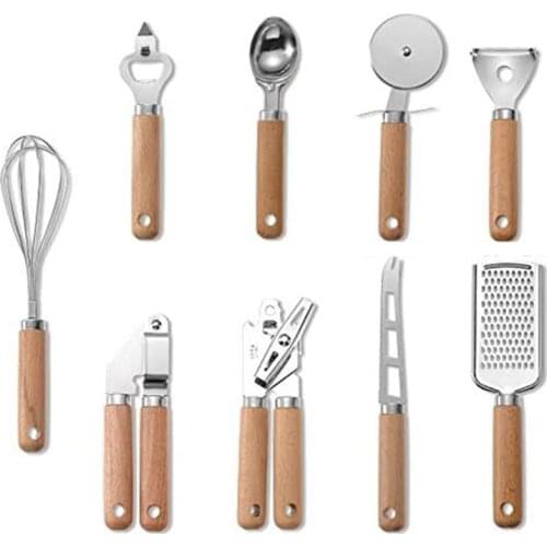Kitchen Cooking Utensils Set,Stainless Steel Gadget Tool with Wooden Handle,Whisk/Peeler/Cutter/Can Opener/Corkscrew