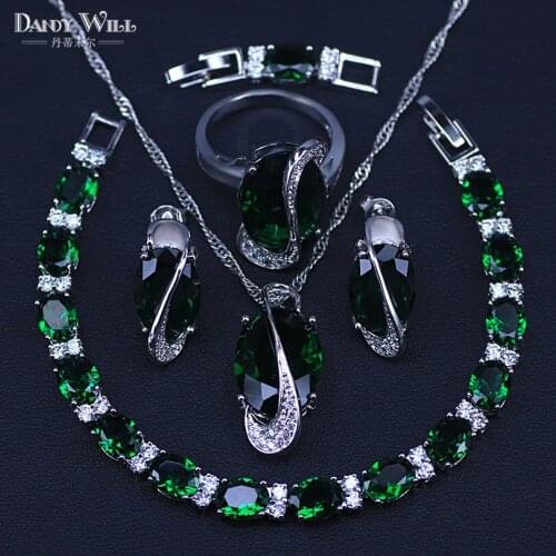 New Fashion Dark Green Crystal Jewelry Set Silver Color Earring /Necklace/Ring/Bracelets Set For Women T27