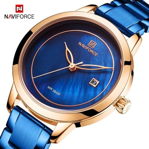 NAVIFORCE Blue Quartz Woman Watches Top Brand Luxury Wristwatches Womens Fashion Shell Dial Date WristWatch Lady Gift Clock