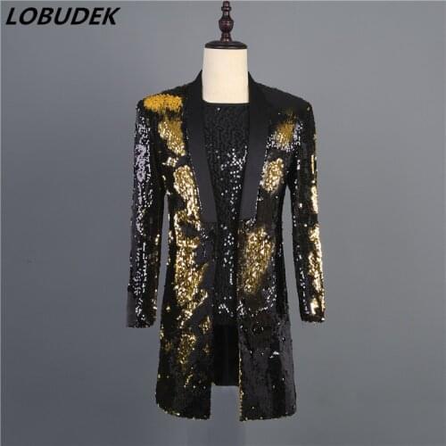 Latest Mens Double-color Flip Sequins Suit Jacket Stage Costume Golden Black Green Long Coat Nightclub Bar DJ Singer Presenter