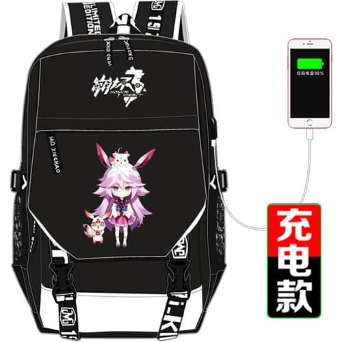 New Honkai Impact 3 Printing Backpack Kiana Kaslana Cosplay Women Backpack USB Interface Laptop Backpack Canvas School Bags