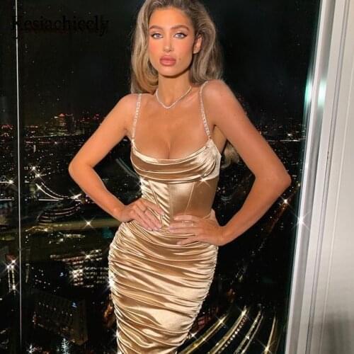Josiaoprah Spaghetti Strap Sexy Women Diamonds Bodycon Dress Ruched Shiny Bandage Evening Party Dresses Nightclub Sleeveless