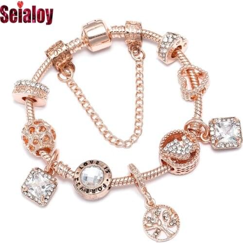 Seialoy Rose Gold Tree Of Life Pendant Charm Bracelets For Women Original Shiny Crystal Beaded Bracelet Bangle Girl Jewelry Gift