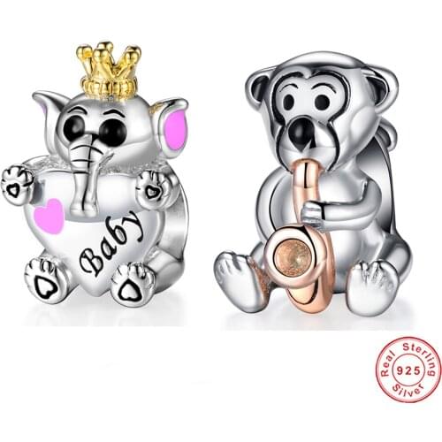 GW 925 Sterling Silver Monkey Charms Elephant Beads Pendants Classic Berloque Prata Fashion Fine Jewelry