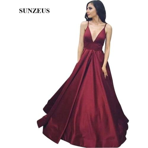 Simple Elegant Burgundy Satin Prom Dresses Long A-line V-neck Criss-cross Spaghetti Straps Back Women Formal Wear Vestidos